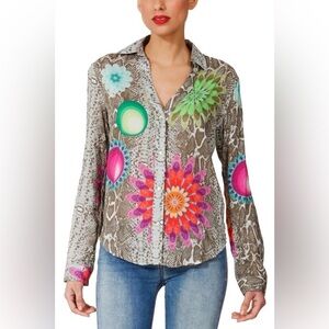 Desigual Women’s Flower Power Long Sleeve Blouse Retro Style Snake Pattern Sz M